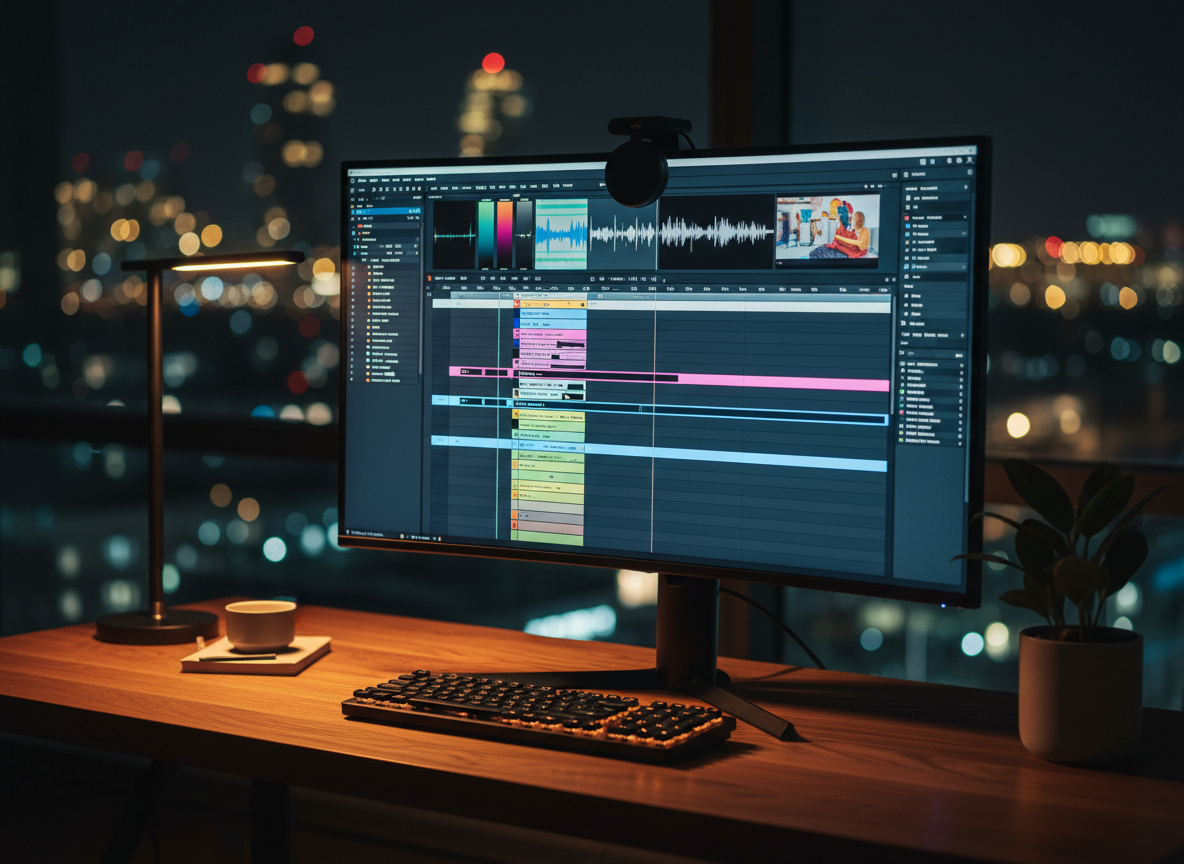 A sophisticated workspace at night with a widescreen monitor displaying a timeline-based video editor, layered with color grading panels and subtitle tracks, representing a digital story in progress. A compact, backlit keyboard glows softly, and a color calibration device hangs from the screen’s edge. The desk is dark oak, with only a single slim desk lamp casting a focused warm pool of light, contrasting with the cool blue ambience from the monitor. A small, modern plant in a matte ceramic pot adds organic texture. Shot from a low, cinematic angle in photographic realism, with subtle bokeh in the background from city lights outside an unseen window, the atmosphere feels focused, polished, and dedicated to meticulous craft.