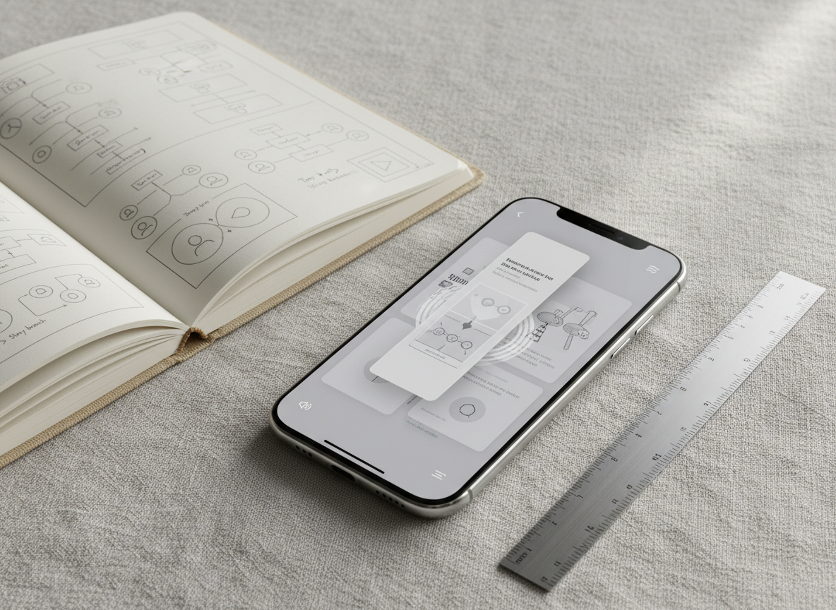 A high-end smartphone resting on a linen-covered table, its screen mid-animation within an interactive story app: vertical panels sliding elegantly, subtle parallax effects suggesting depth, and tasteful icons indicating audio and motion. Nearby, an open linen-bound notebook shows precisely drawn interface sketches, and a slim metal ruler lies parallel to the phone, hinting at exacting UX design. Gentle morning light from the right creates soft highlights on the phone’s glass and faint shadows in the linen texture. Photographed from a slightly elevated angle with a medium depth of field, the image has a calm, modern aesthetic, emphasizing mobile-first digital storytelling rooted in meticulous, sophisticated design.