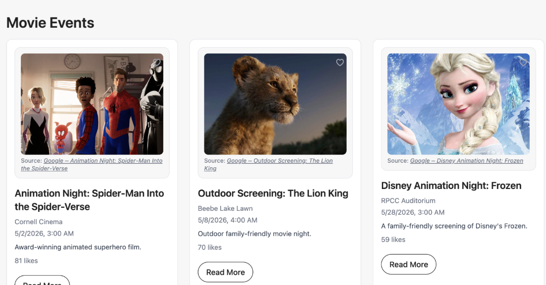 Cornell Movie web application interface